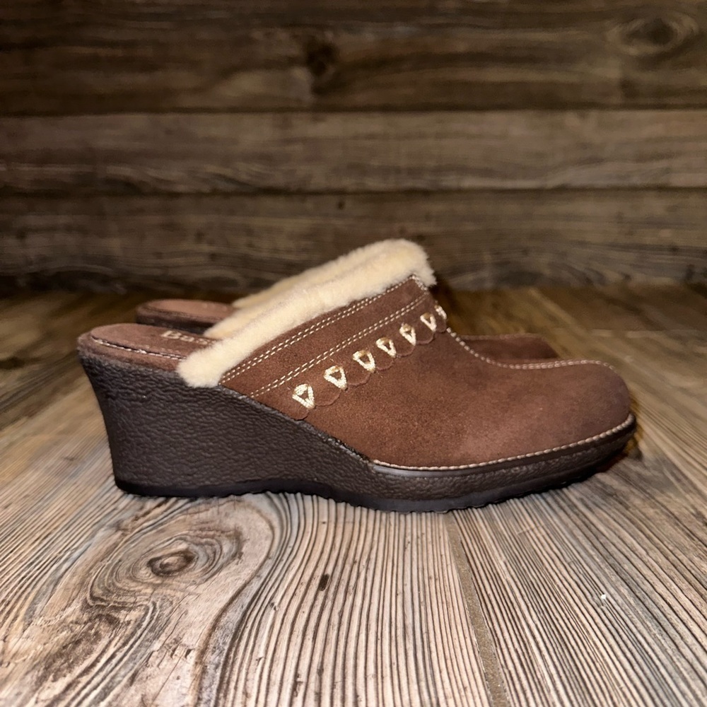 Bass Brown Mules Clog Slip-On Faux Fur Wedge